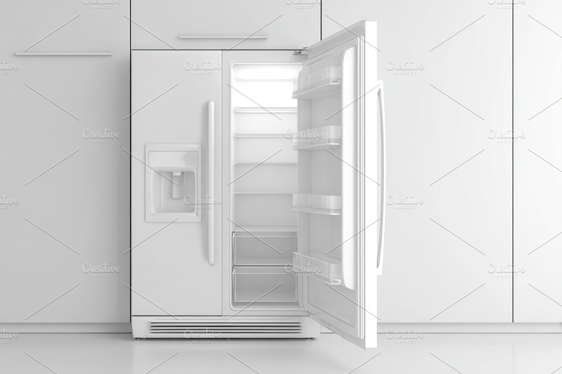 Minimalist kitchen with open refrigerator revealing empty interior and clean de, a Photo by AlyaAnd