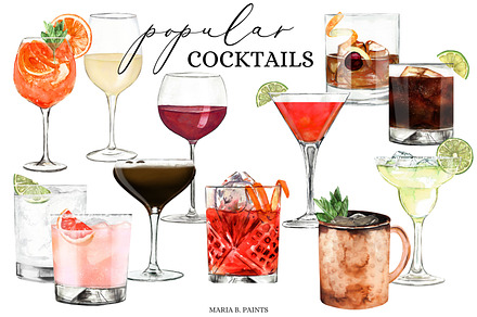 Popular Cocktails Watercolor Drinks, a Food Illustration by Maria B. Paints