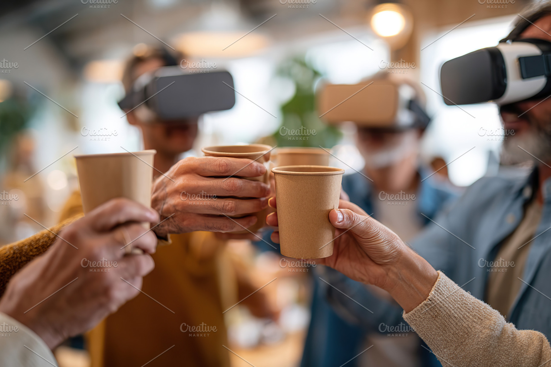 Coworkers engage in virtual reality experience while enjoying drinks together, a Photo by AlyaAnd