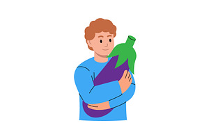 Boy holding a purple eggplant in, a Food Illustration by GraphiShop