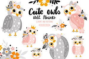 Cute owls with flowers.