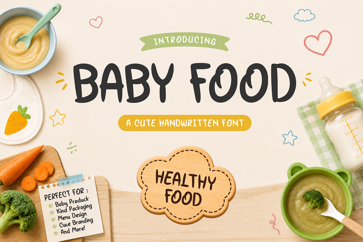 Baby Food – Cute Handwritten Font, a Handwritten Font by idealistudio (Photo 1 of 6)