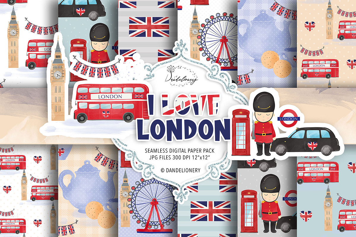 Watercolor I love London digital pap, a Pattern Graphic by designloverstudio (Photo 1 of 7)