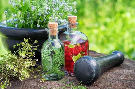 Mortar, infusion and healing herbs., a Health & Medical Photo by chamillewhite