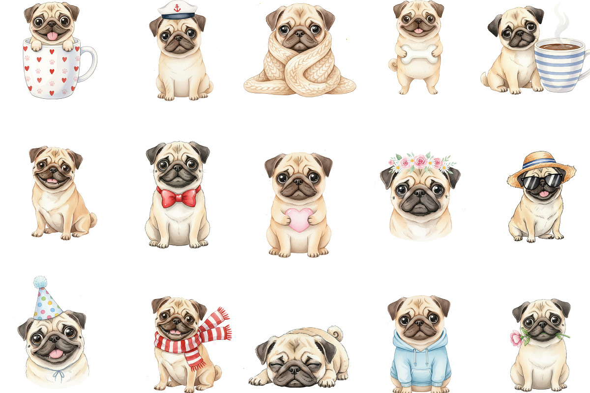 Cute Watercolor Pug Dog, an Illustration by Designking (Photo 2 of 5)