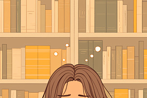Young woman sitting at desk with laptop and books in library, an Illustration by AS photostudio