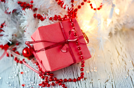 Christmas red gift box stock photo containing greeting and card