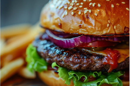 Juicy cheeseburger with fries close, a Food & Drink Photo by Ylivdesign