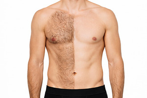 front view of a man half shaved, generative AI, a Photo by Nito