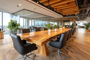Modern conference room with wooden table and panoramic city views during daylig, an Abstract Photo by AlyaAnd