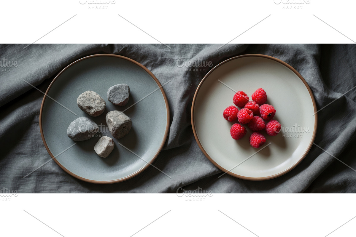 Two ceramic plates with stones and, an Illustration by tilialucida