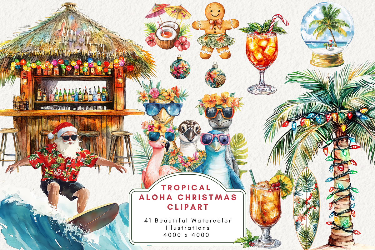 Tropical Aloha Christmas Clipart, an Illustration by NadiaTheronArt (Photo 1 of 5)