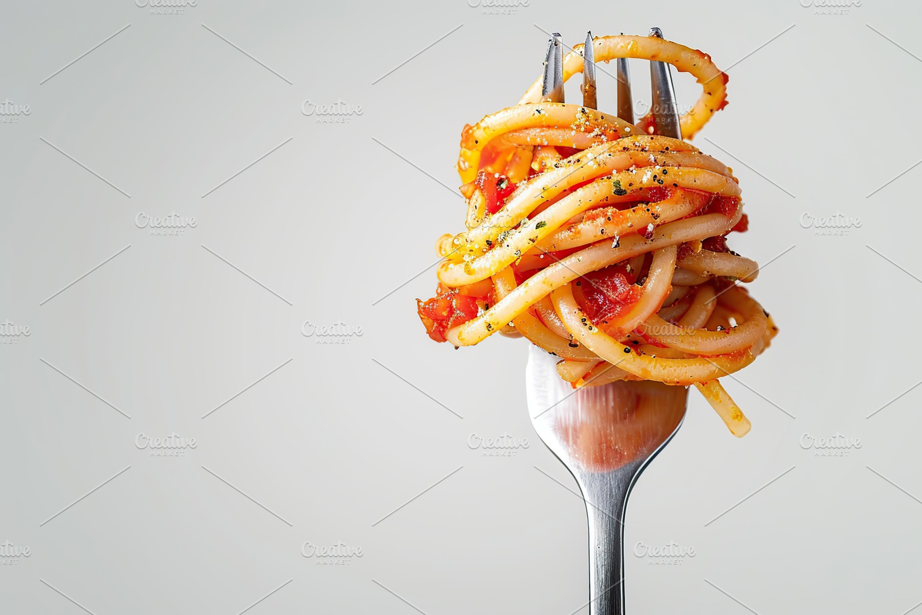 Spaghetti rolled on a fork on white background, a Food & Drink Photo by AlyaAnd