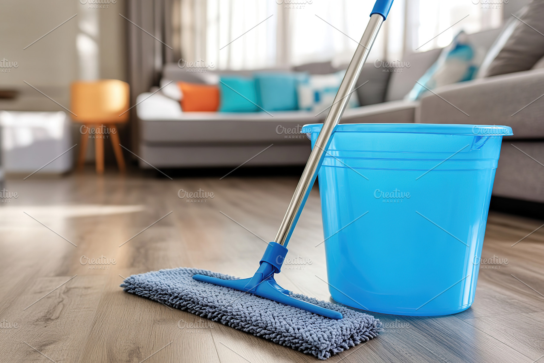 Cleaning a hardwood floor with a mop and bucket in bright living room, a Photo by AlyaAnd