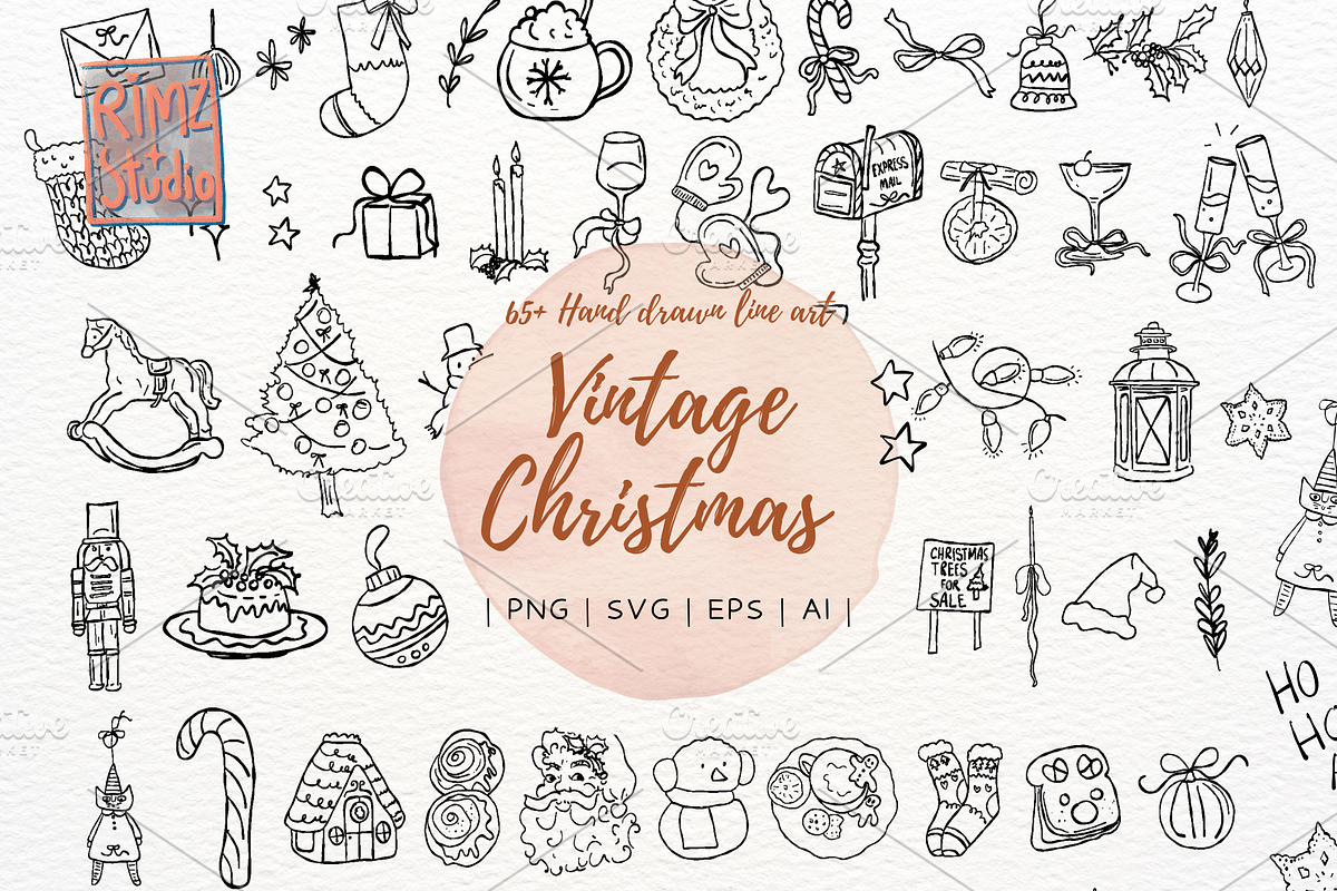 Vintage Christmas Doodle SVG bundle, a Seasonal Illustration by RimzStudio (Photo 1 of 8)