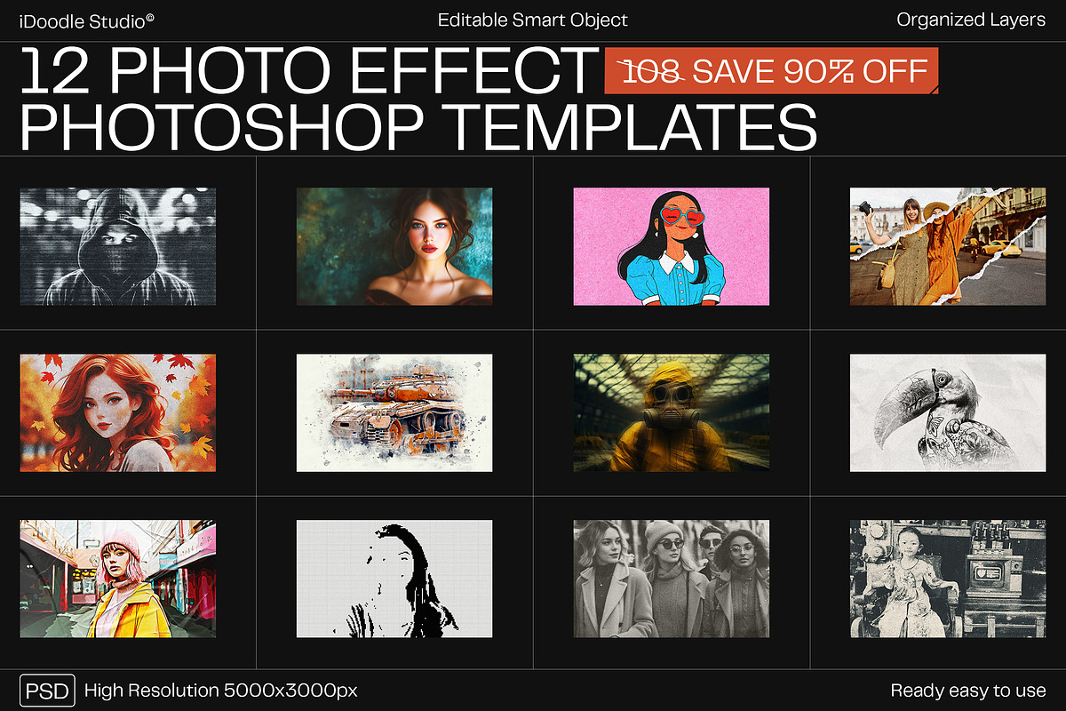 12 Photo Effect Templates, a Layer Style Add-On by iDoodle Studio