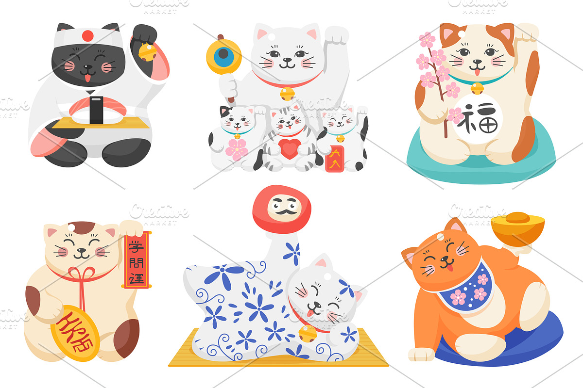 Maneki neko, Japanese lucky cats set, an Animal Illustration by Lemberg Vector