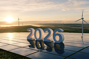 2026 with solar panels and wind turbines at sunrise, an Architecture Photo by José Manuel Gelpi