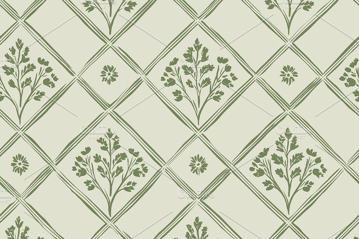 Seamless pattern. Seamless botanical grid pattern with diamond lattice creating, a Pattern Graphic by Studio ANNA