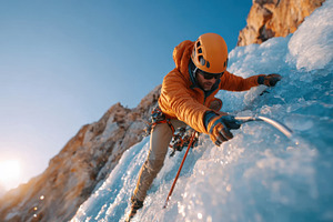 Ice climber conquering a frozen wall, a Sports & Recreation Photo by AlyaAnd