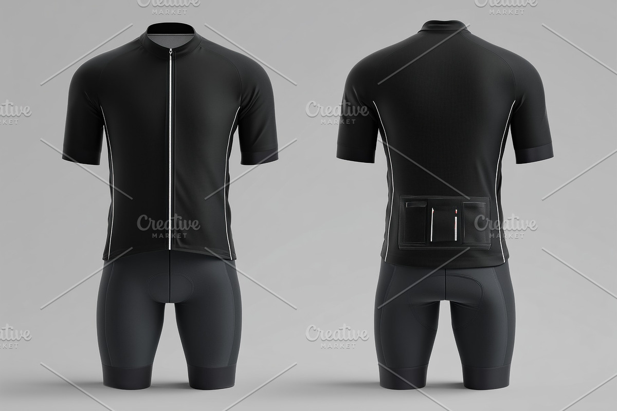 A sleek black cycling jersey and shorts set sports suit mockup from the front a, a Hoody Mockup by Textures & Backgrounds