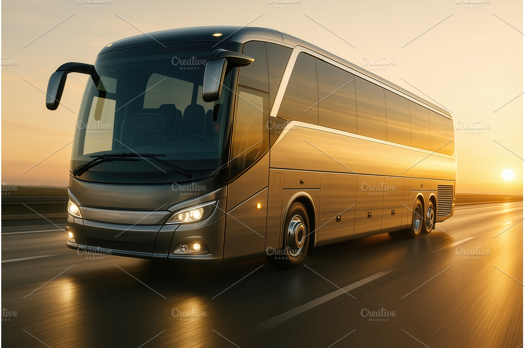 A modern luxury coach bus driving on, a Transportation Photo by Sergey Kotenev