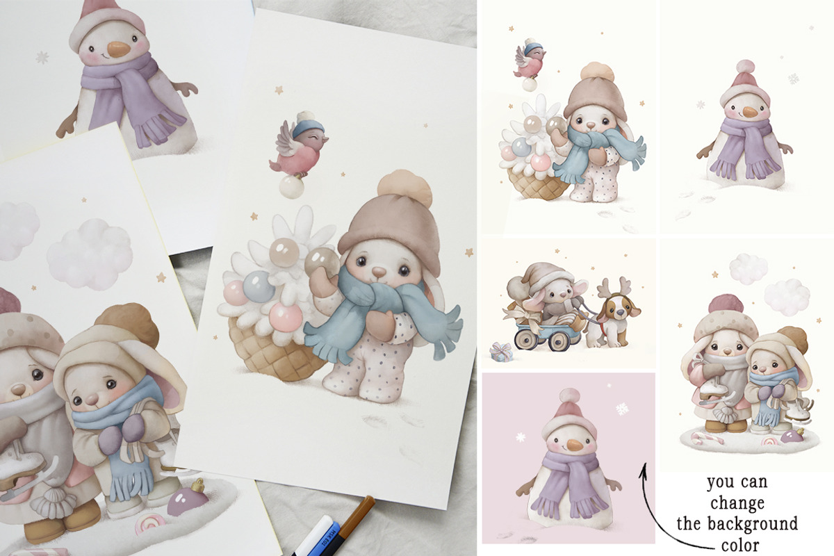 Watercolor Christmas baby rabbit Set, a Seasonal Illustration by TanyaSchuka (Photo 10 of 11)