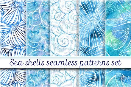 Sea shells seamless patterns set