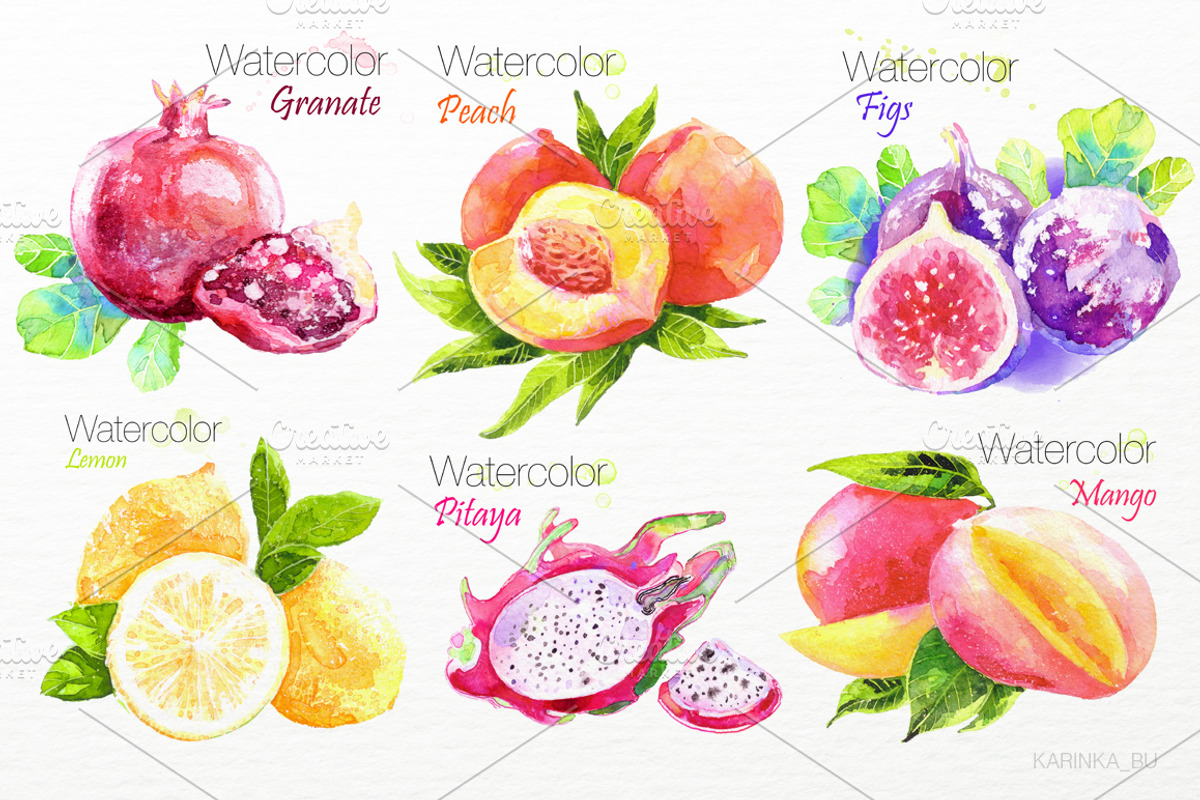 Watercolor juicy fruit Vector Set, an Object Graphic by KarinkaBU (Photo 2 of 6)