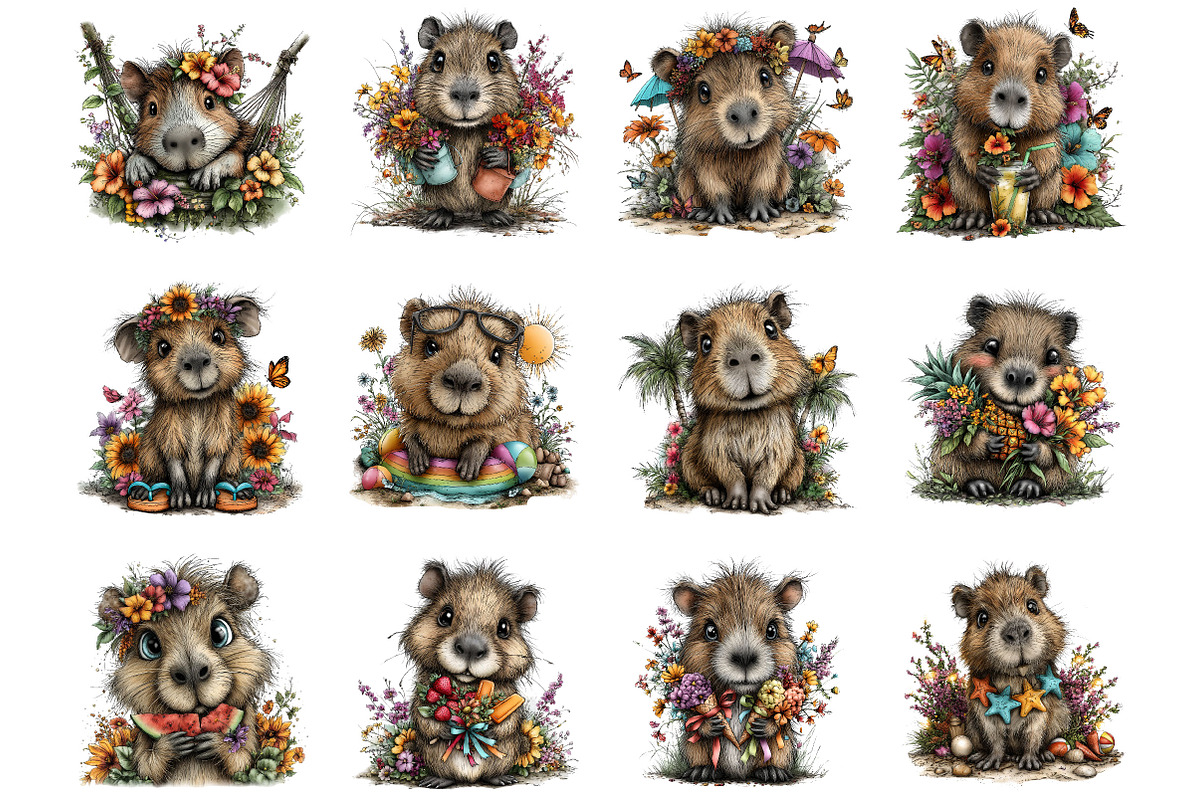 Summer Capybara Whimsical Clipart, a Seasonal Illustration by Designking (Photo 2 of 5)