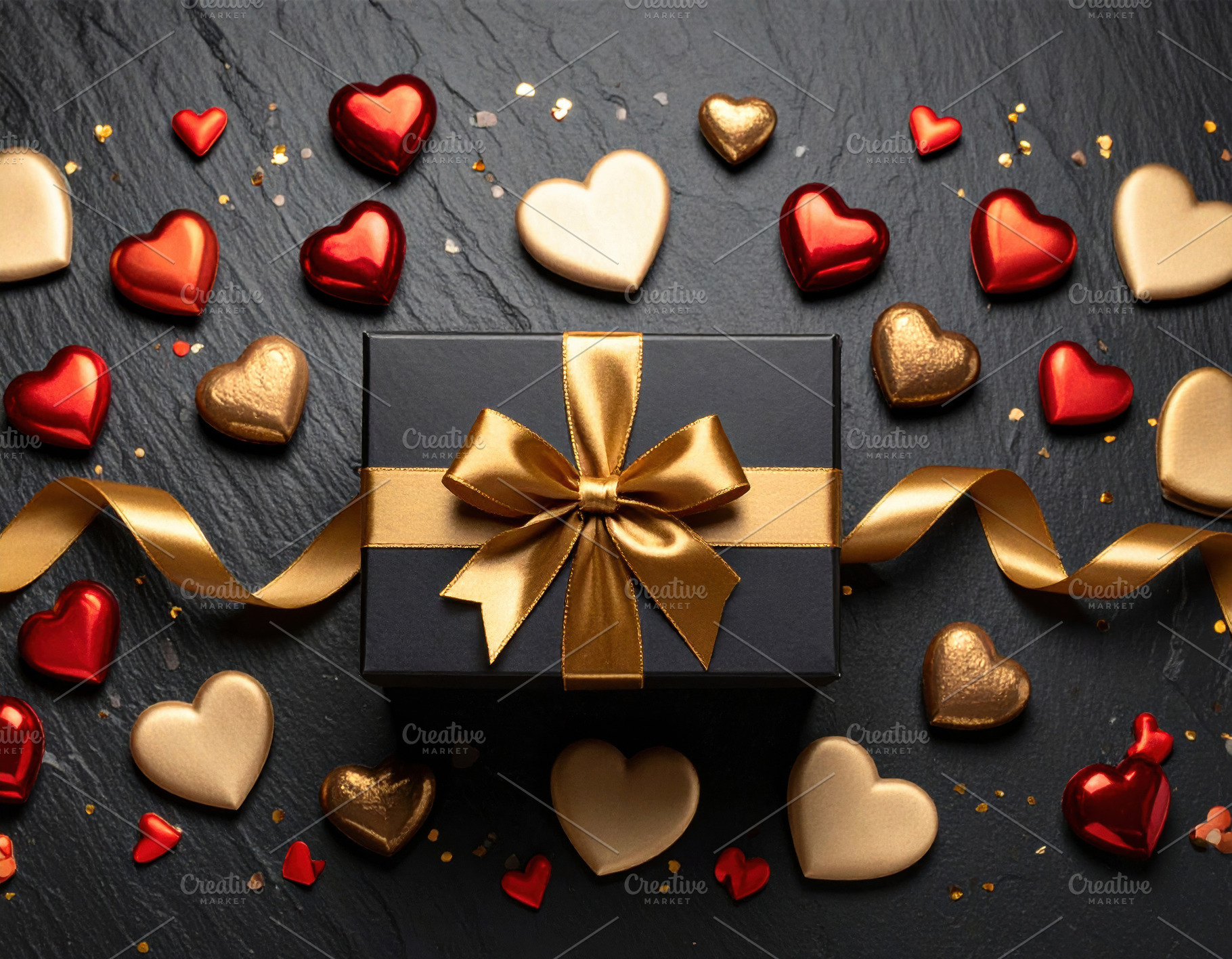 Black gift box with gold ribbon and hearts, a Holiday Photo by Davizro's Market