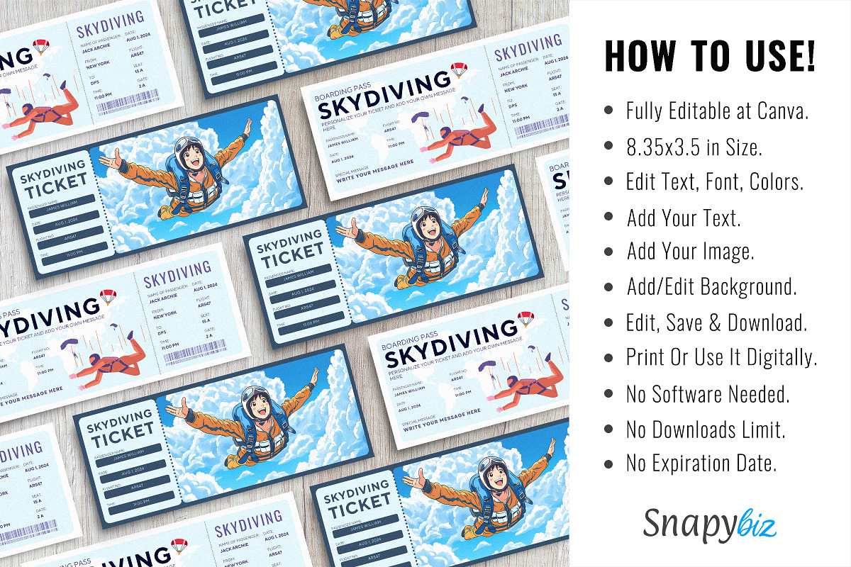Skydiving Gift Ticket Canva Template, an Invitation Template by Snapybiz (Photo 8 of 10)