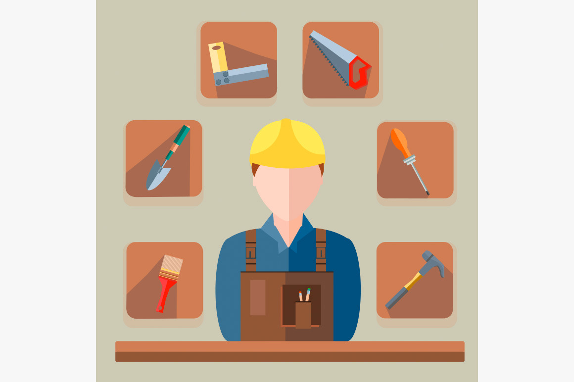 Builder saw, hammer, brush, shovel, a Person Illustration by ARTYuSTUDIO