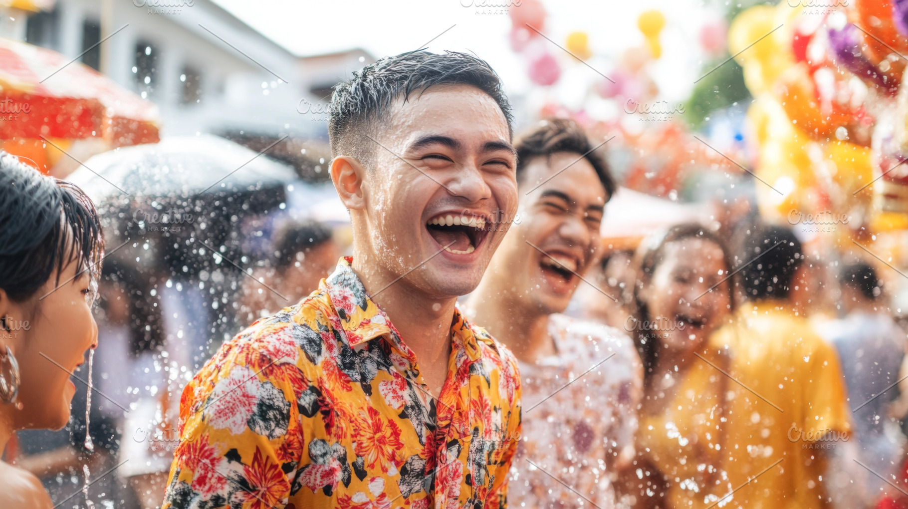 People enjoying water splashes during Songkran festival celebrat, a Photo by Dvoevnore photos