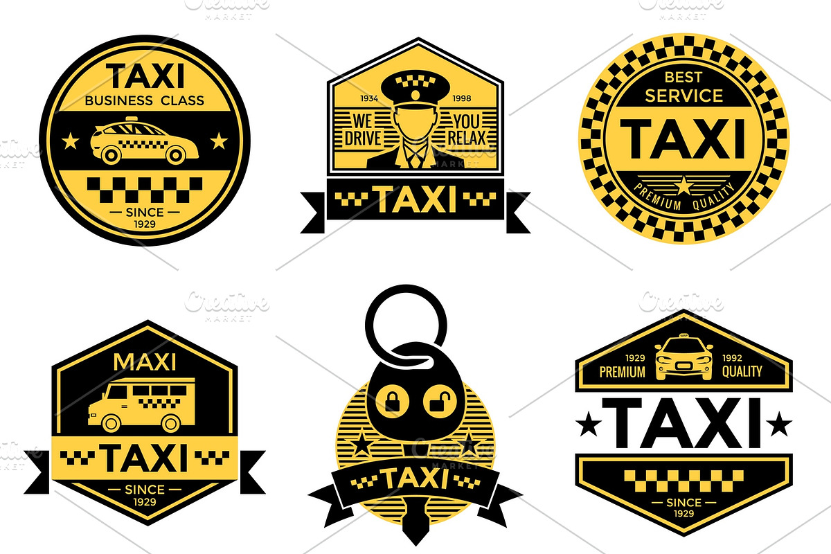 Taxi Service Black Yellow Emblems, a Branding & Logo Template by Alexander Belenkiy