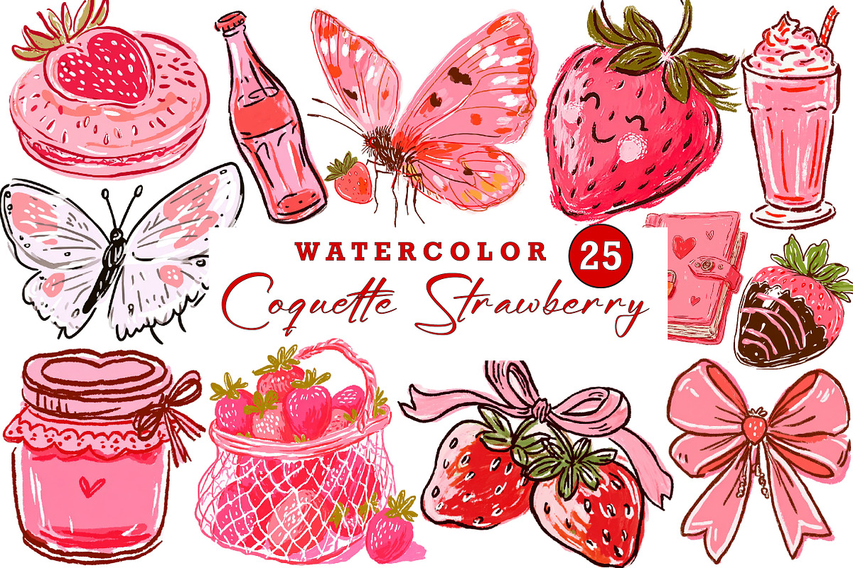 Coquette strawberry clipart retro, an Illustration by CreationArt (Photo 1 of 5)