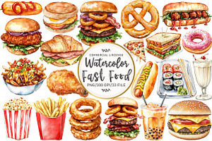 Watercolor Fast Food Clipart, an Illustration by OK Design