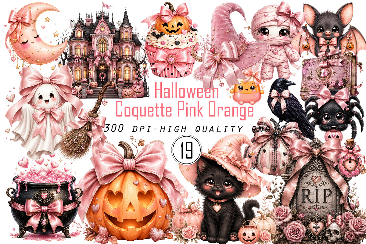 Coquette Pink Halloween Clipart, a Seasonal Illustration by Designworld (Photo 1 of 6)
