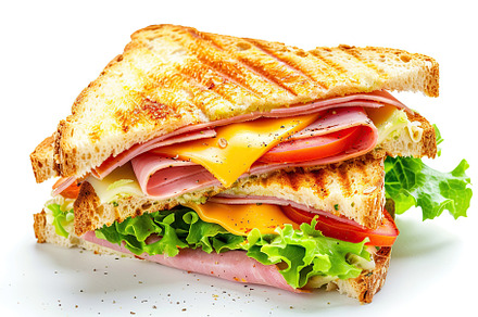 Toast sandwich with cheese, turkey ham, tomato and fresh lettuce on white backg, a Food & Drink Photo by AlyaAnd