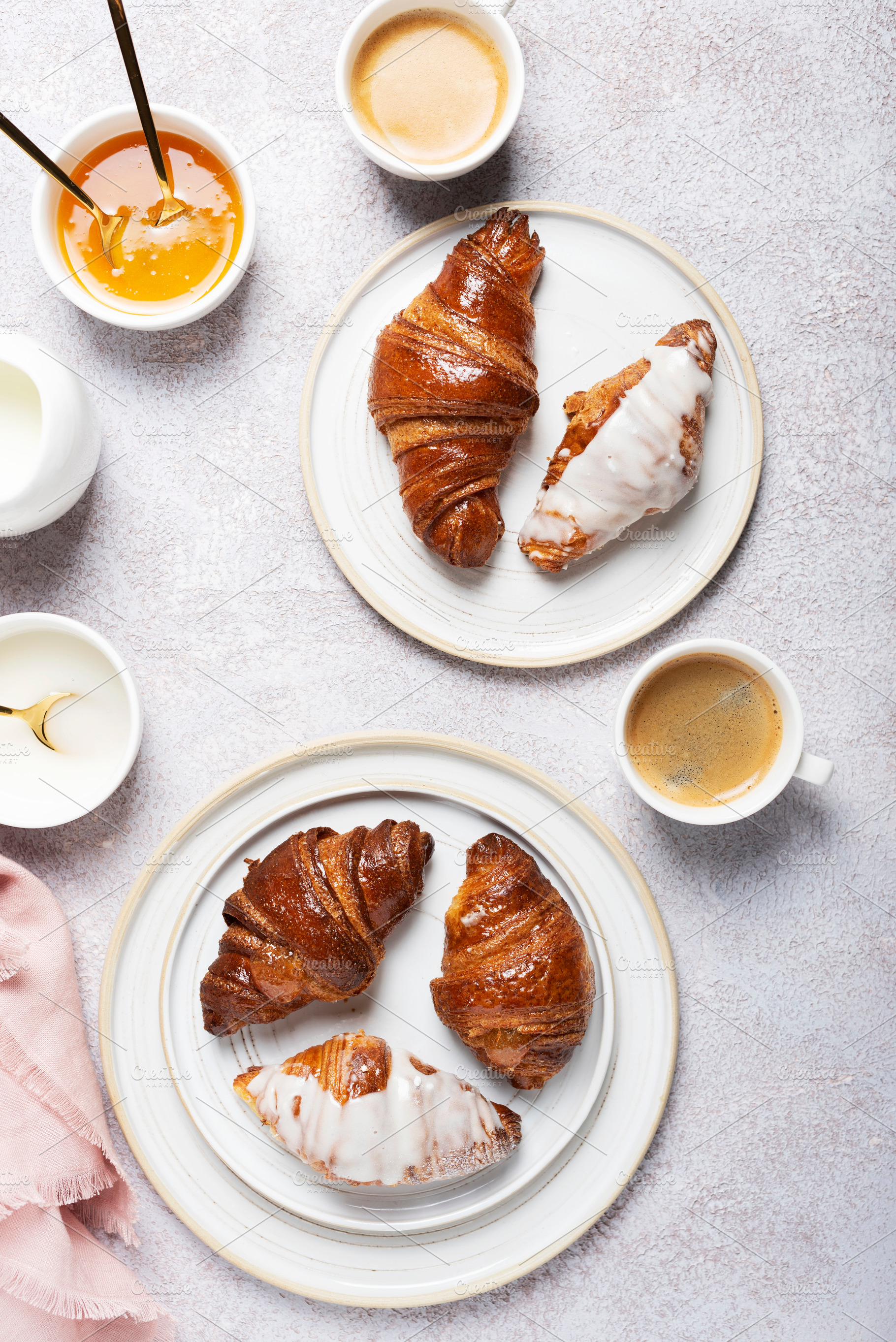 Various Italian croissant with coffee, a Food & Drink Photo by oxana.denezhkina