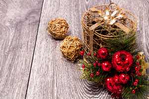 Christmas background with festive decoration and toys.On white wood background.
