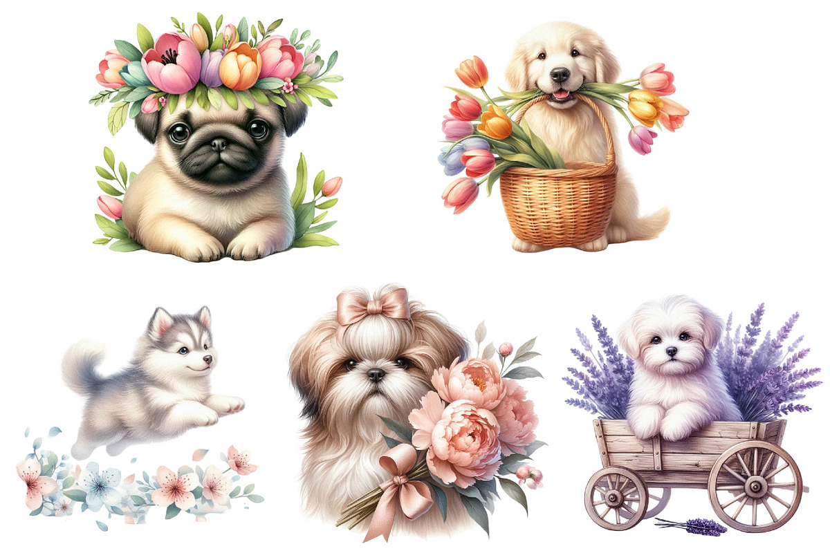 Whimsical Spring Dogs Clipart, an Illustration by DreamPrint404 (Photo 2 of 6)