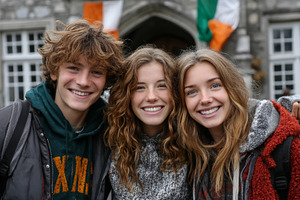 Group of students smiling warmly in front of a historical building, a Photo by AS photostudio