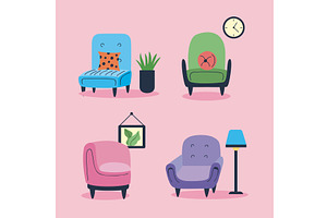 armchairs and sofas four icons, an Object Illustration by studiogstock