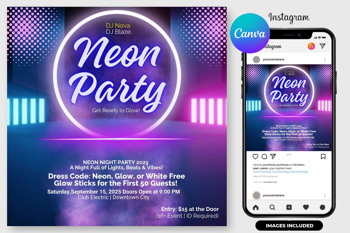 Neon Party Flyer | Canva Design, a Graphic by graphicforest (Photo 2 of 3)