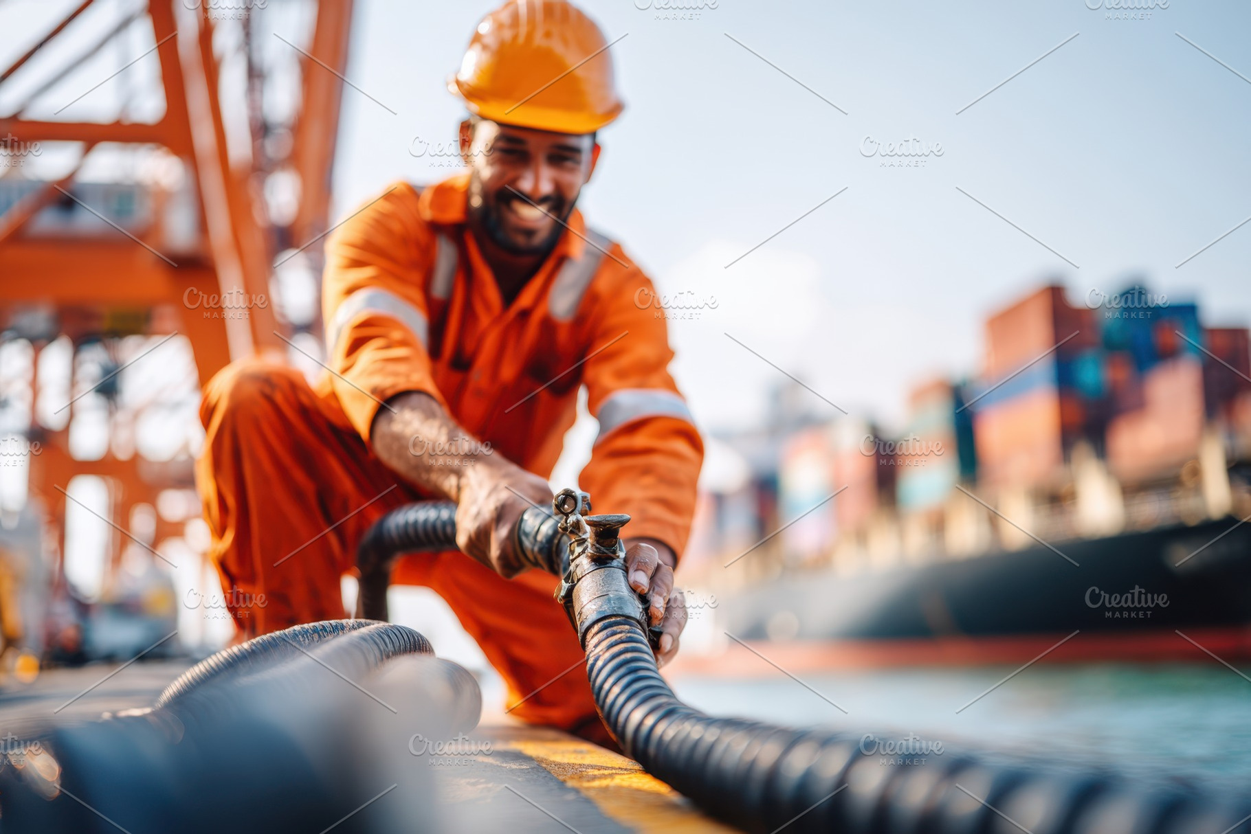 Worker operating equipment at port, an Industrial Photo by AlyaAnd
