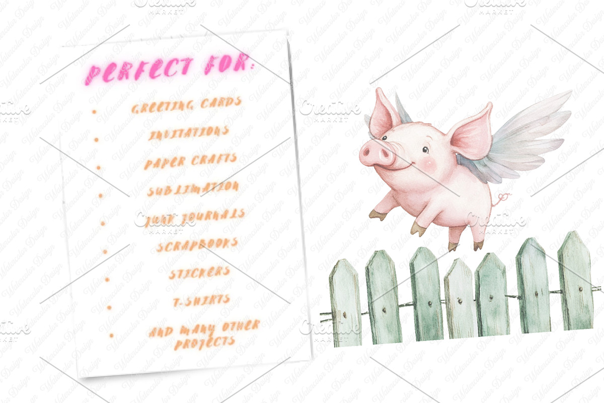 Funny Pig on Fence Clipart, an Illustration by Watercolor design (Photo 9 of 12)