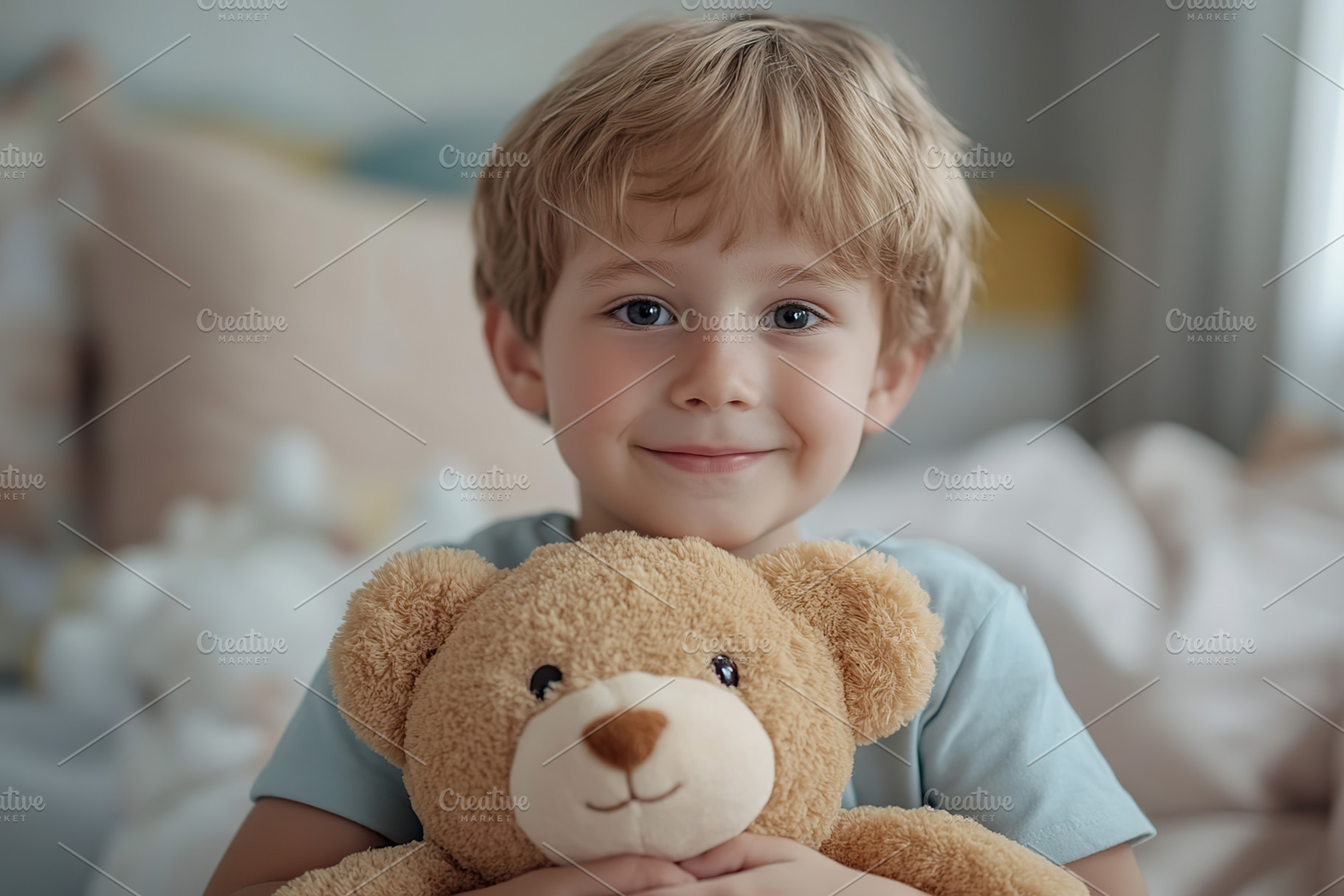 Child boy smiling while embracing a fluffy teddy bear in a cozy bedroom setting, a Person Photo by AlyaAnd