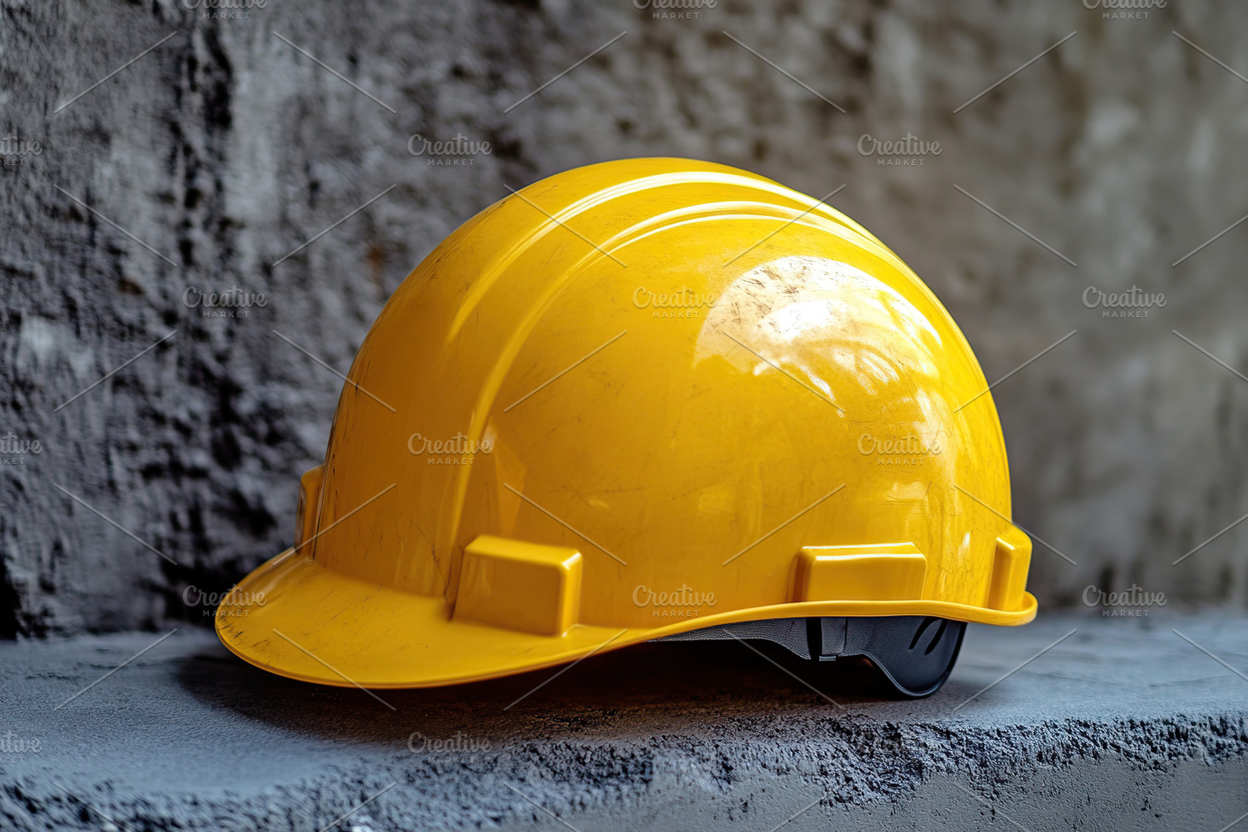 Yellow safety helmet resting on a textured grey wall in a constr, an Industrial Photo by AlyaAnd
