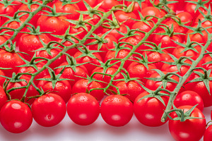 Lot of red cherry tomato branches covered with small water drops, a Food & Drink Photo by Volff